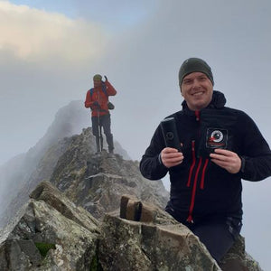 Espro travel press being used to brew coffee at the top of a mountain in Snowdonia