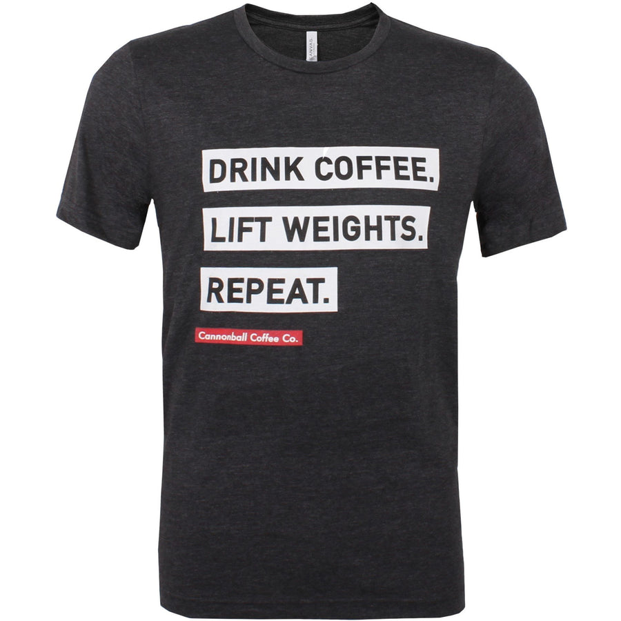 Drink Coffee, Lift Weights, Repeat t-shirt by Cannonball Coffee. Athletic fit